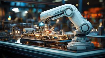 Industrial robot works automatically in smart autonomous factory. photo