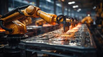 Industrial robot works automatically in smart autonomous factory. photo