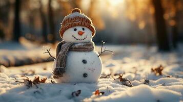Little cute snowman in a knitted hat and scarf on snow on a sunny winter day. Christmas card. Generative AI photo