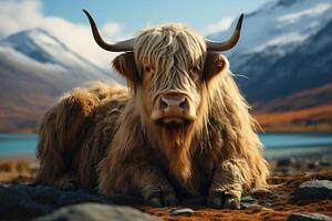Domestic yak with mountains in the background. photo
