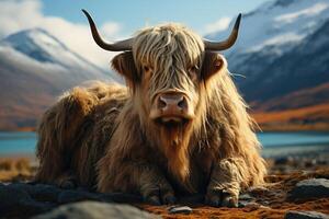 Domestic yak with mountains in the background. Generative AI photo