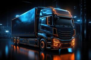 Truck with futuristic holographic display and neon lights. Freight shipping international industry. Generative AI photo