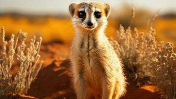 Meerkat on guard in the prairie. Generative AI photo