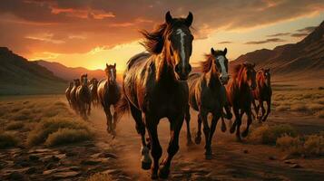 A herd of wild horses rides across the steppe. Generative AI photo