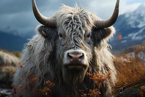 Domestic yak with mountains in the background. Generative AI photo