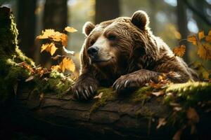 Resting in the forest is a brown bear. Generative AI photo