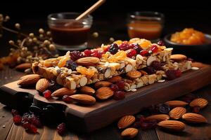 Cereal superfood energy bars with almond nuts, dry fruits, raisins chocolate. photo