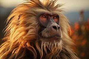 Portrait of a Gelada baboon. Generative AI photo