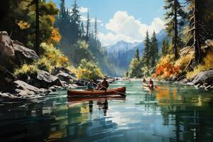 Canoe in river peaceful summer day. Generative AI photo