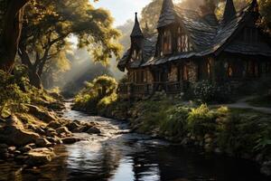 An old house standing in a forest on the bank of a stream. photo