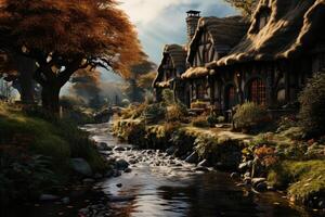 An old house standing in a forest on the bank of a stream. photo
