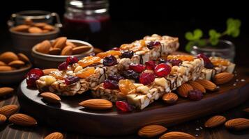 Cereal superfood energy bars with almond nuts, dry fruits, raisins chocolate. Generative AI photo