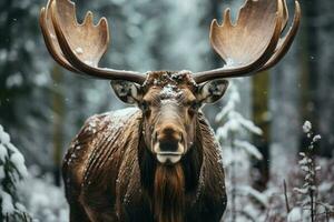 majestuoso alce en el nieve en el bosque. generativo ai foto