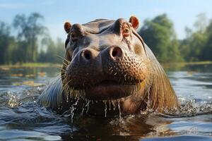 Pygmy hippopotamus swimming. Generative AI photo