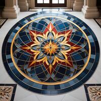 Close up of multicolored glass mosaic tile flooring pattern. . photo
