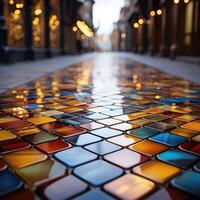 Close up of multicolored glass mosaic tile flooring pattern. . photo