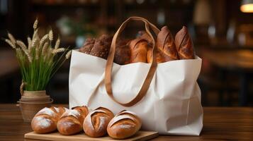 Eco bag with products fresh bread. Zero waste use less plastic concept. Generative AI photo