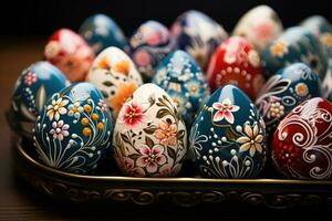 Elegant traditional spring decoration adorned with Easter eggs. Generative AI. photo