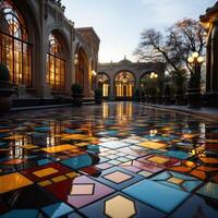 Close up of multicolored glass mosaic tile flooring pattern. . photo
