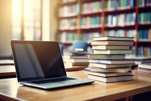 Education concept with laptop and books stack with library background. photo