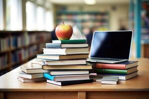 Education concept with laptop and books stack with library background. photo