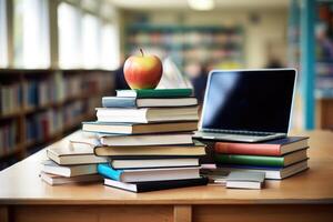 Education concept with laptop and books stack with library background. Generative AI photo