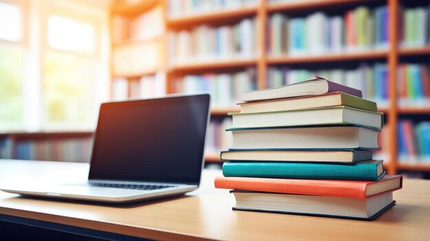 Education concept with laptop and books stack with library background. photo