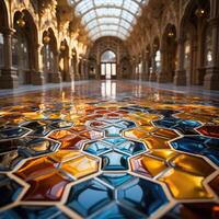 Close up of multicolored glass mosaic tile flooring pattern. . photo