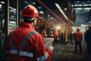 Industry worker is using tablet. Generative AI. photo