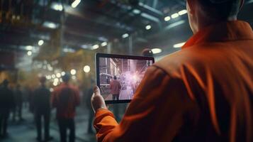 Industry worker is using tablet. Generative AI. photo