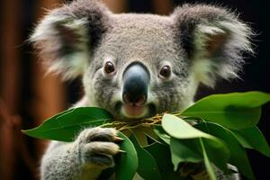 Koala is eating eucalyptus leaves. Generative AI photo