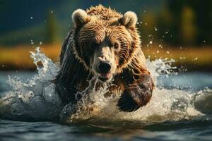 Brown bear fishing in a river. Generative AI photo
