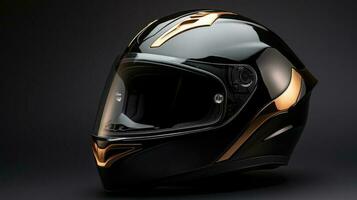 Modern motorcycle helmet on dark backdrop. Generative AI photo