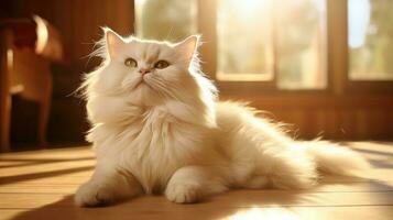 On the wood floor, a white Persian kitty is resting. Generative AI photo