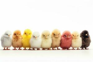 Many cute fluffy chickens on white background. Generative AI photo