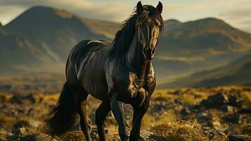 Portrait of black Frisian horse on nature background. Generative AI photo