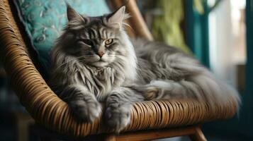 A cute grey cat is resting. Generative AI. photo