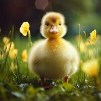 Cute fluffy duckling on green grass outdoors. Generative AI photo