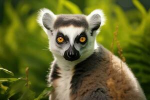 Portrait of a lemur against the background of green nature. Generative AI photo