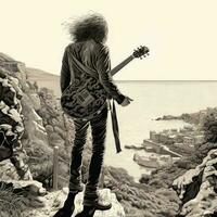 Lonely figure of a man on a cliff by the sea with guitar. Generative AI photo