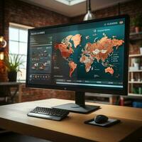 Location identifier icon on laptop with information network on a map and a button with icons with data. Generative AI photo