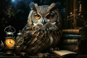 A library full of books is the resting place for an owl, who sits calmly on a table. Generative AI photo