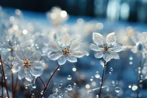 invierno paisaje con escarchado hielo flores, nieve, y cristales generativo ai foto