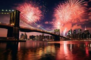 Fireworks over the Brooklyn Bridge in New York. Generative AI photo