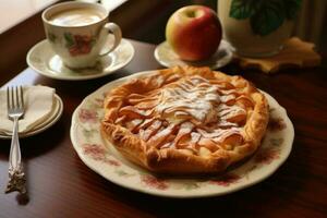 recién horneado manzana tarta en un rústico mesa. generativo ai foto