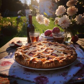 Freshly baked Apple Pie on a rustic table. Generative AI photo