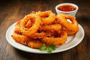 A platter of crispy onion rings. Generative AI photo