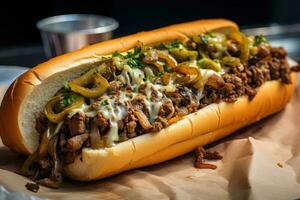 Delicious Philadelphia Cheesesteak. Generative AI photo