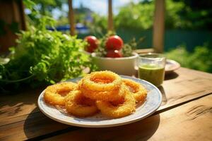 A platter of crispy onion rings. Generative AI photo
