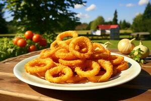 A platter of crispy onion rings. Generative AI photo